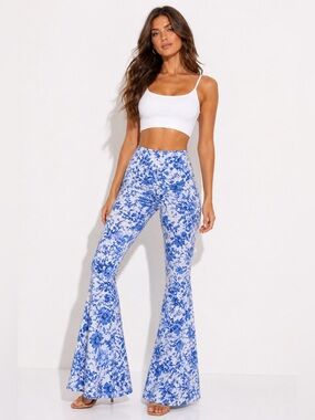 Veronica M Blue White Floral High Rise Flare Pants Bell Bottom Yoga Stretch